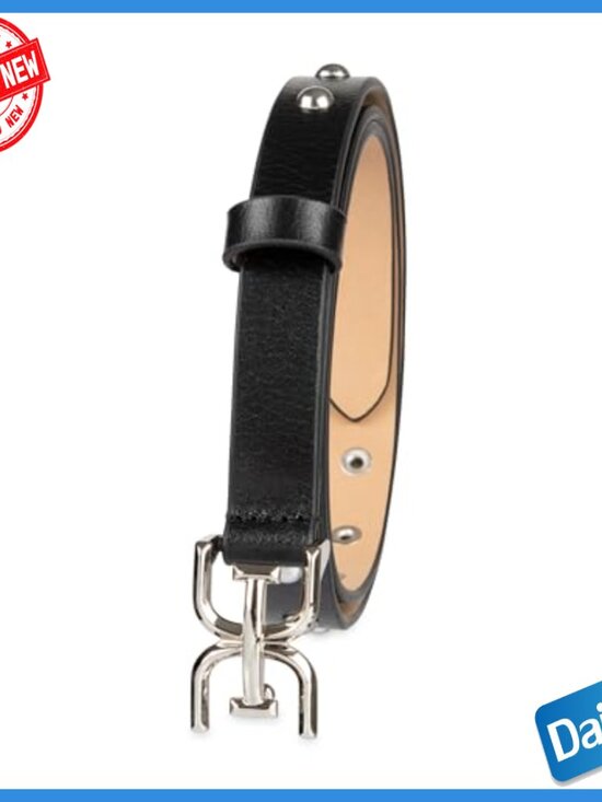 Skinny Studded Leather Belt with Logo Buckle, Size Large, 3/4 Inch Width main image 4